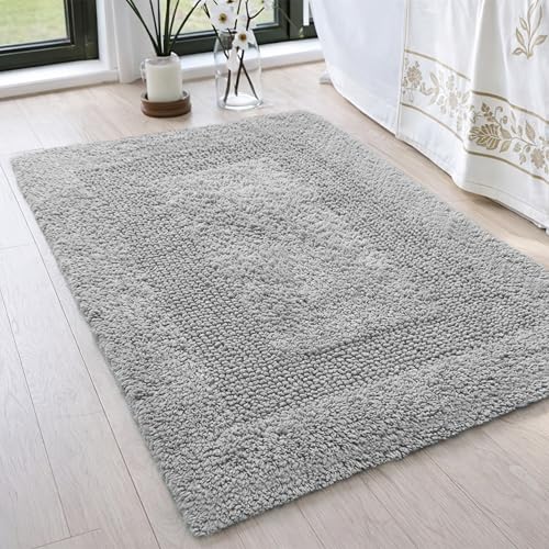 THE BEER VALLEY Set of 2 Reversible Bath Rug 21x32/17x24 Inch - Light Grey | Cotton Absorbent Bathmat for Bathroom, Washable Toilet Throw Thick Mat - color: Light Grey, size: 1'9" x 2'8" (Rectangular)