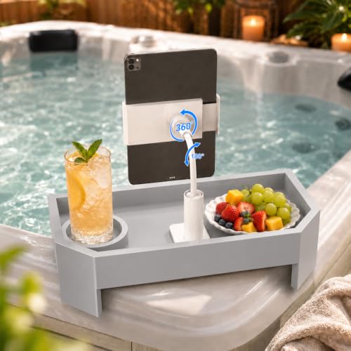 Vespara Bamboo Hot Tub Table with Adjustable Phone Holder, Non Slip Hot Tub Table Spa Gifts for Women, Bathtub Canddy Tray with Wine Glass Holder Tray for Luxury Bathtub& Bathroom Accessories Silver - color: Silver