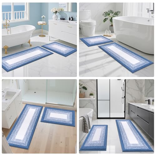 Bsmathom Bathroom Rugs Set, 2 Piece, Soft Plus Absorbent, Non Slip, Machine Washable, Blue (18"x26" Plus 18"x48") - color: Blue, size: 18"x26"+18"x48"