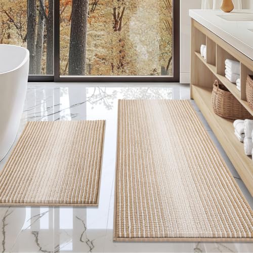 BSICPRO Bathroom Rugs and Mats Sets, 2 Piece Thick Absorbent Chenille Bath Mat Rug Set Non Slip, Soft Shaggy Bath Floor Mats for Bathroom, Machine Washable (20" x 47" Plus 16" x 24", Beige) - color: Beige, size: 20" x 47" Plus 16" x 24"