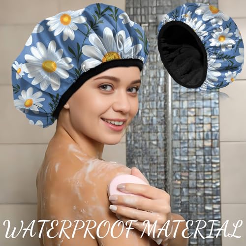 Luxury Shower Cap Terry Cloth Lined EVA Waterproof Reusable Triple Layer Elastic Hair Bath Caps for Women Girls Cute (C19-Chrysanthemum) - color: C19-Chrysanthemum