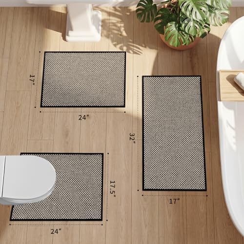 YIHOUSE Thin Bath Mat Black Bathroom Rugs Sets 3 Pieces, Non Slip Absorbent Bath Mats Quick Dry, Woven Braided Rugs Washable, Rubber Tapetes para Baño for Bathroom Toliet,Bathtub - color: Black, size: 3Pieces(17.5"x24"U+17"x24"+17"x32")