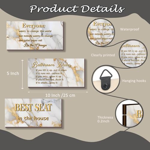 DONFENTHY 3 Pieces White Gold Bathroom Decor Bathroom Rules Wall Art Best Seat in The House Rustic Farmhouse Wooden Sign for Toilet (White Gold 10x5 Inches) - color: White Gold