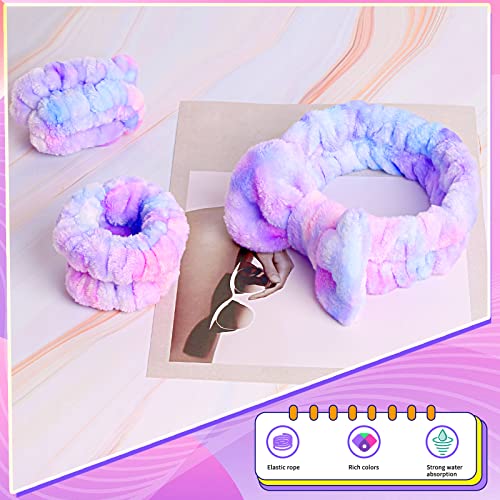 WSYUB Spa Headband and Matching Wrist Bands for Washing Face, Fuzzy Skincare Bow Headbands, Soft Facial Makeup Head Bands, Shower Hair Sleepover Party Supplies,Easter Basket Stuffers - color: Gradient Purple