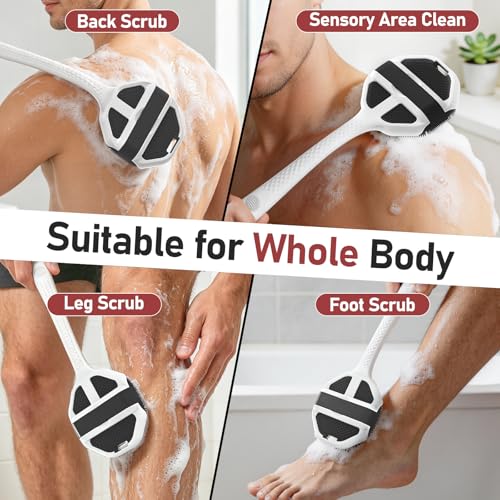 Back Scrubber for Shower for Men 2 Pack, Silicone Body Scrubber with Long Handle, Detachable Body Wash Scrubber Shower Scrub Brush -Lathering Bristles Deep Clean Exfoliator Women Mens Black+Grey - color: Black+grey