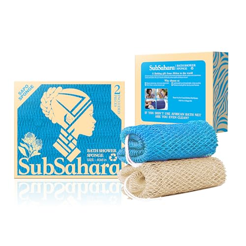 SubSahara Authentic African Net Sponge - 2 Pack Exfoliating Bath & Shower Loofah Sponge for Body & Face, Gentle Scrubber for All Skin Types, Travel, Durable (Linen & Sky Blue) - color: Linen & Sky Blue