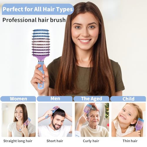 Boar Bristle Hair Brush Set of 2, HIPPIH Wet & Dry Hair Brushes Made by Fine Natural Boar Hair Can Adds Shine and Smoothing, Detangling Hairbrush for Women, Men & Kids' Long Curly Thick Hair - color: Mint Purple & Blue