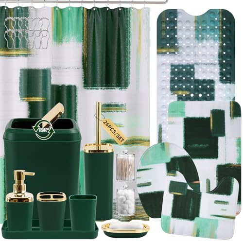XLHOMO Bathroom Accessories Set - 26PCS Dark Green Bathroom Set, Bathroom Accessory Set with Shower Curtain and Rugs and Bathtub Mats for Home - color: Plaid Green & Gold, size: Complete Set+Bath Rugs+Bathtub Mat
