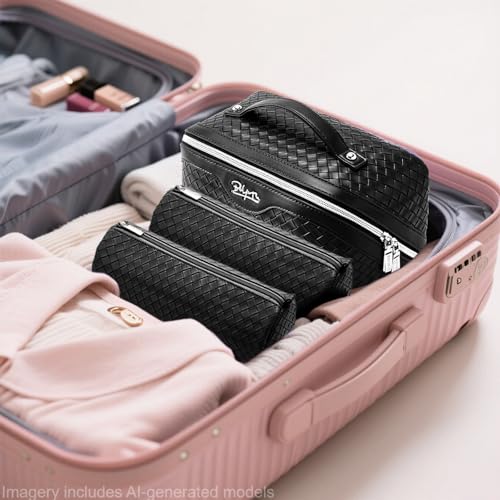 BOYATU Travel Makeup Bags for Women: 3 Pcs Large Make up Bags Set - Vegan Leather Cosmetic Bag for Traveling - Waterproof Toiletry Organizer (L05 Black) - color: L05 Black