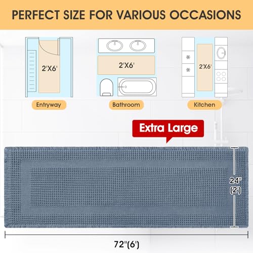 IM HOME Extra Large Waffle Bath Mat, Boho Bathroom Rugs Absorbent Non Slip, Ultra Soft Bathroom Mat, Machine Washable Knit Bath Rugs with Tassels for Bathroom, Bedroom, Kitchen, Shower, 6'x2', Blue - color: Blue-looped, size: 2' x 6' (Runner)