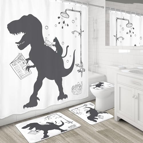 4PCS Dinosaur 71Wx71H Inches Funny Cute Kids Boys Animal Shower Curtain Sets with Rugs, Toilet Lid Cover and Bath Mat, Silhouette Shadow Bath Accessories Art Home Decor Fabric 12 Pack Hooks - color: A3-dinosaur Cat