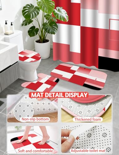 Lnond Red Bathroom Set, 22-Piece Red Geometry Bathroom Decor Set with with Shower Curtain and Rugs, Trash Can, Toilet Brush Holder Set & Soap Dispenser - style: Red White Geometric
