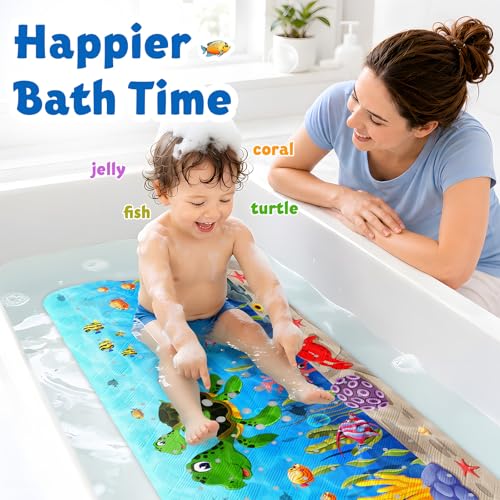 XIYUNTE Baby Bath Mat for Tub Non Slip, BPA Free Extra Long Bathtub Mat Non Slip 40x16 with Drain Holes and 200 Suction Cups, Non Toxic Machine Washable Bath tub mat, EU Certified, Sea Turtle - color: A-sea Turtle