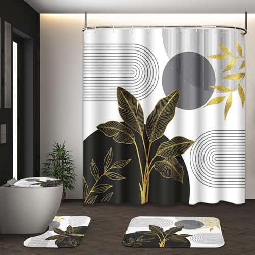 Boho Grey and Gold Shower Curtain Set with Toilet Lid Cover and Non-Slip Rugs, Mid Century Modern Abstract Minimalist Leaves Neutral 4 Pcs Shower Curtain for Bathroom Set with 12 Hooks - color: Retro Grey Gold