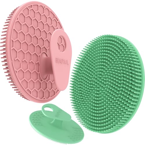 Silicone Body and Face Scrubber Set 3 Pack, BEAUTAIL Shower Bath Scrubber, Gentle Exfoliating Brush for Women Men Baby Sensitive Skin, More Hygienic Than Traditional Loofah, Long Lasting, Pink+Green - color: Pink+green