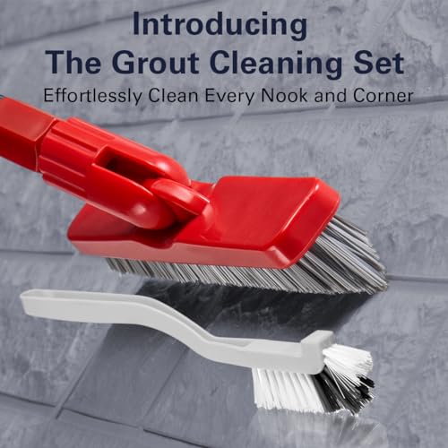 Foxtrot Living Grout Brush with Long Handle & Handheld Stiff Bristle Scrubber, V-Shaped Cleaner with Telescopic Handle for Easy Cleaning & Storage - Tile Floor Cleaning Brush - color: Red