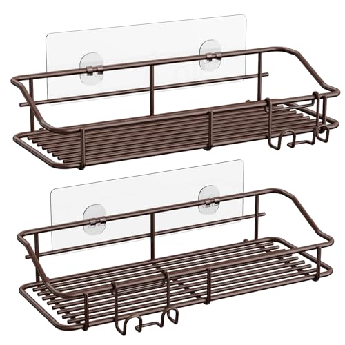 Nieifi Shower Caddy Shelf Storage Rack Adhesive Without Drilling Stainless Steel with Hooks for Washroom, Lavatory, Restroom, Toilet, Bathroom, Kitchen - 2 Pack Bronze - color: Brown, size: 2 Pack