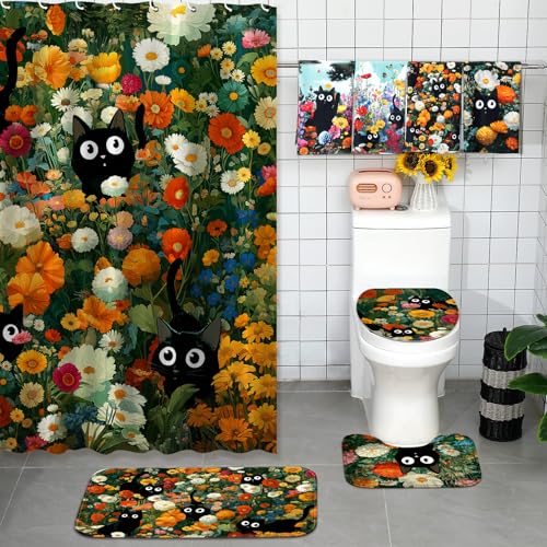 Tatuo 8 Pcs Black Cat Themed Shower Curtain Sets for Bathroom Cute Floral Aesthetic Bathroom Accessories Retro Cat Lover Gifts Shower Curtain Sets with Towels Carpet Bath Mat Toilet Rugs and 12 Hooks - style: Black Cat