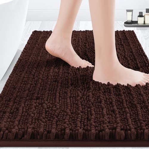 ACCUMTEK Upgrade Luxury Brown Bathroom Rug Mat 32"x20", Ultra Soft Thick Absorbent Bath Mats, Non Slip Chenille Toilet Mat for Bathroom, Bedroom, Kitchen, Shower, Tub - color: Brown, size: 32"x20"