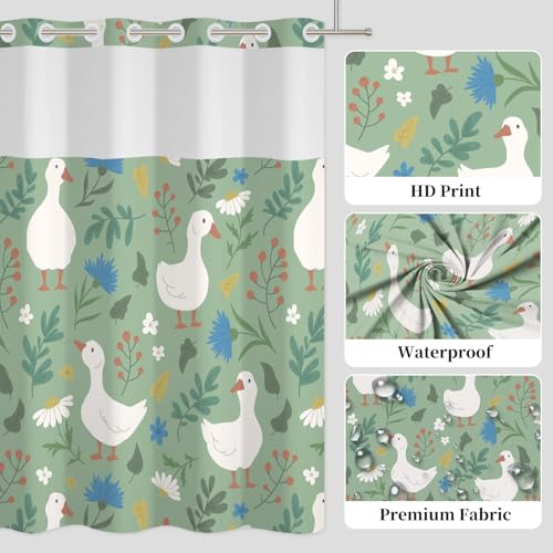 No Hook Shower Curtain with Snap-in Liner Set 71x74 Inch | Farmhouse Goose Shower Curtain with Mesh Top Window, Cute Animal & Floral & Botanical Bath Curtain, Waterproof Washable - color: Goose