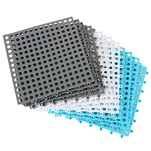 12 Pack 11.8" x 11.8" Interlocking Rubber Floor Tiles Soft PVC Non Slip Splicing Shower Floor Mat Pool Bathtub Drain Tiles for Flooring, Drainage Mats for Pool, Deck, Patio, Basement, Kennel, Poultry - color: White+blue+grey