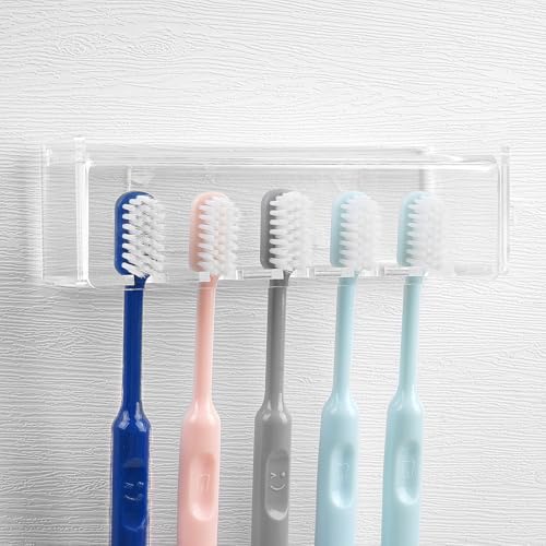 5 Slots Wall Mount Toothbrush Holder with Cover, Self Adhesive Toothbrush Storage Organizer for Shower, Toothbrush Hanger for Bathroom, Medicine Cabinet, Dorm (Clear) - color: Clear 1 Pack