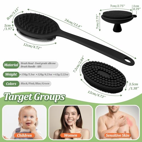 Silicone Face & Back Scrubber Set, Manual Face & Body Scrubber Exfoliator with Soft Bristles and Non-Slip Handle, Back Brush Bath Brush with 2 Detachable Brush Heads(3PCS Black Set) - color: 3*black Set
