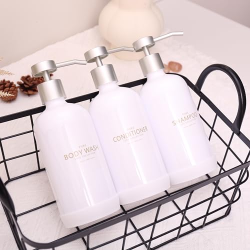 Shampoo and Conditioner Dispenser Set of 3,Refillable 21oz Shampoo Bottles with Non-Slip Protective Silicone Pad,Shower Soap Dispenser with Waterproof Labels for Bathroom (White) - color: White Bottles + Silver Pumps