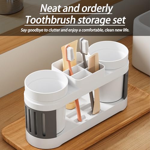 Round Toothbrush Holder Set: Bathroom Vanity Organizer for Toothbrushes & Cups, Suitable for Couples & Kids (Gray White)