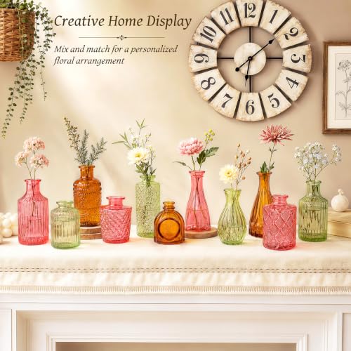 TBWIND 12 Pcs Colorful Glass Bud Vase Set, Vintage Textured Small Flower Vases for Centerpieces, Wedding Table Decor, Home Party Decorations & Gifts - color: Multicoloured -12pcs, size: 12Pcs