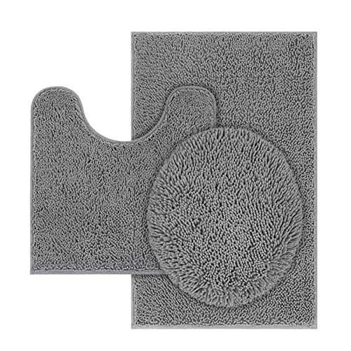 TREETONE Machine Washable Water Absorbent Bath Mat Bathroom Rugs Non Slip Soft Microfiber Mat (Set of 3-Medium 20" x 32"/Contour/Lid Cover, Gray) - color: Grey, size: Set of 3-Medium 20" x 30"/Contour/Lid Cover