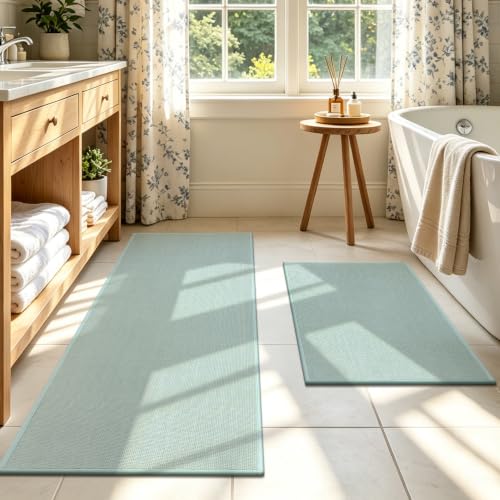 SHACOS Bath Mat Set of 2, Ultra Thin Washable Bathroom Rugs, No Slip Rubber Bath Rugs for Bathroom, Quick Dry Absorbent Bathroom Mat for Shower Outside Floor Toilet Sink (17"x24"+17"x47") - color: Light Green, size: 17"x24"+17"x47"
