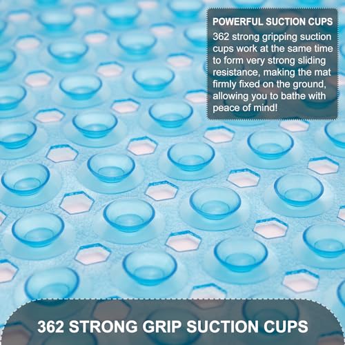 TEESHLY Bath Tub and Shower Mats, Non Slip 40 x 16 Inch Extra Large Bathtub Mat, Machine Washable Bathmat with Drain Holes, Suction Cups for Bathroom Floor, Clear Blue - color: Blue (Translucent)