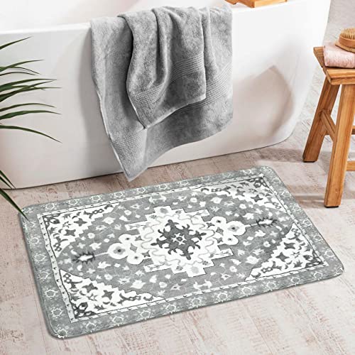Uphome Boho Retro Bathroom Rug Gray Non-Slip Soft Bath Rug Machine Washable Oriental Bathroom Mat Traditional Farmhouse Floral Floor Mats for Bathtub Shower Toilet, 20x31 inch - color: Grey, size: 20x31 inch