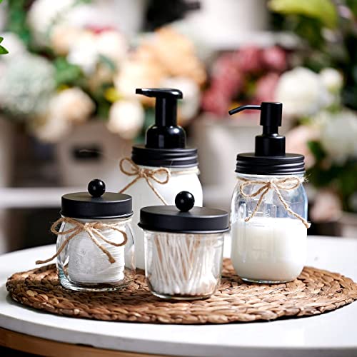 Amolliar Mason Jar Bathroom Accessories Set(4 Pcs) -Lotion Soap Dispenser &Cotton Swab Holder &Toothbrush Holder-Rustic Farmhouse Decor Apothecary Jars Vanity Organizer-Rustic Farmhouse Decor (Black) - size: Black, style: Wide-mouth