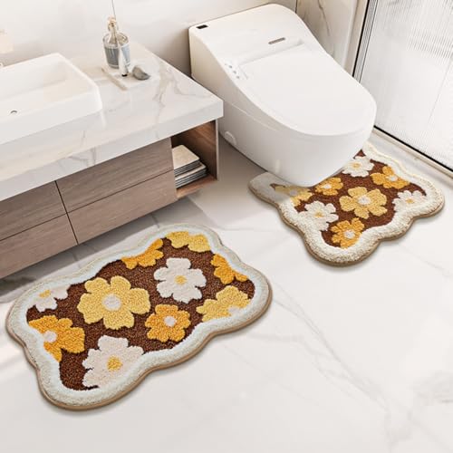 Bathroom Rug Set 2 Piece, Soft Cute Bath Mat and U-Shaped Contour Toilet Rug, Absorbent Microfiber Plush Bath Rug Set, Non-Slip Bath Carpet, Machine Washable, 32x20 Plus 22x20 - color: Brown 32x20" + 22x20"