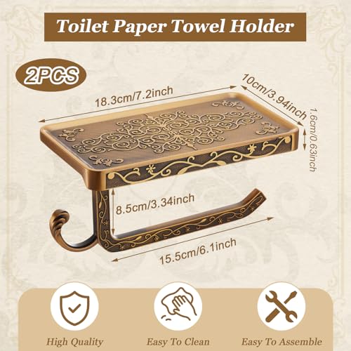 LemonRoad 2 Pack Vintage Carved Toilet Paper Holder with Shelf, Antique Wall-Mounted Tissue Roll Holder with Phone Storage Rack, Rust-Resistant Bathroom Accessories