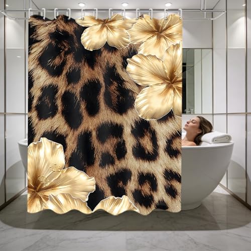 4 Piece Brown Leopard Shower Curtain Set with Rugs, Luxury Golden Floral Art, Exotic Animal Print Fabric Bathroom Decor, Non-Slip Mats & Toilet Lid Cover - color: Gold Floral