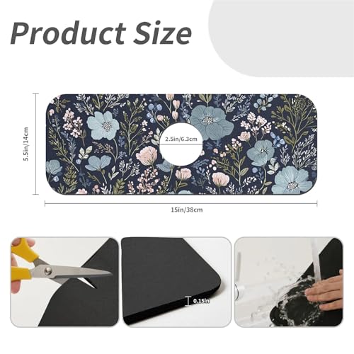Kitchen Sink Splash Guard，Lush blue pink floral Faucet Mat Sink Gadgets-Super Absorbent Fast Drying Mat Drip Catcher for Kitchen, Bathroom,Sink Mat, Dish Drying Mat, Bathroom(15" X 5.5" )