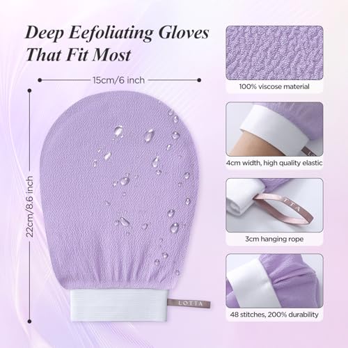 LOTTA Exfoliating Gloves 2Pcs Deep Exfoliation Mitt of 150D Shower Body Scrub Exfoliant Scrubber Glove Skin for Cleanse Dead or Dry Skin 100% Viscose Fiber Suitable for Men and Women - color: Purple 150D+Pink 150D 2Pack