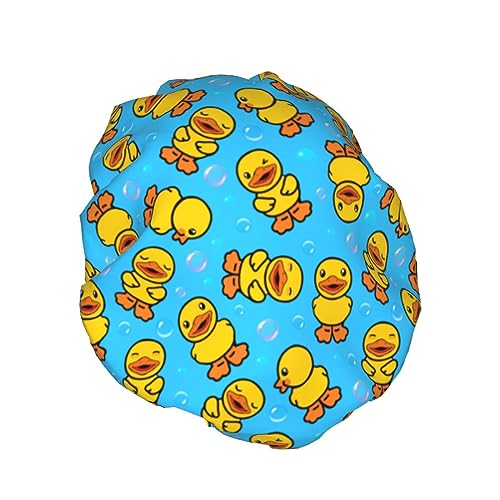 Yellow Rubber Duck Shower Cap For Women Adjustable Double Waterproof Layers Bathing Shower Hat Hair Protection Reusable Ladies Spa Salon Shower Hat - color: Rubber Duck