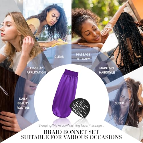 Braid Bonnet-Mesh Hair Nets for Sleeping Set Long Hair Bonnet Satin Reusable Elastic Mesh Wrap Cap for Curly, Braids Hair Anti Frizz 2 Piece Set (black net, dark purple bonnet) - color: Black Net, Dark Purple Bonnet
