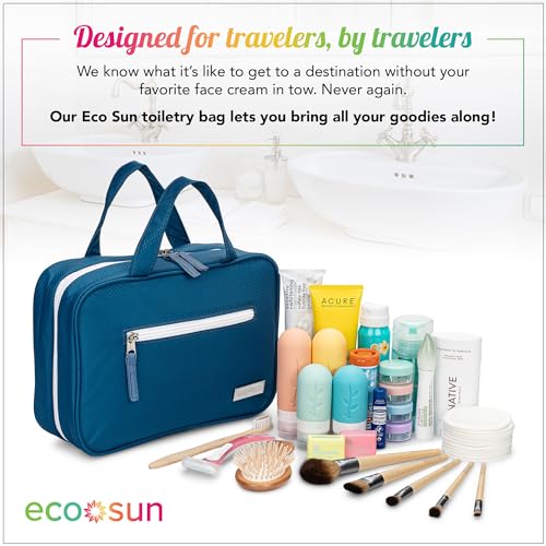 Eco Sun Hanging Travel Toiletry Bag — Designed in Hawaii — Water-Resistant Travel Organizer for Bathroom Accessories (Blue) - color: Blue