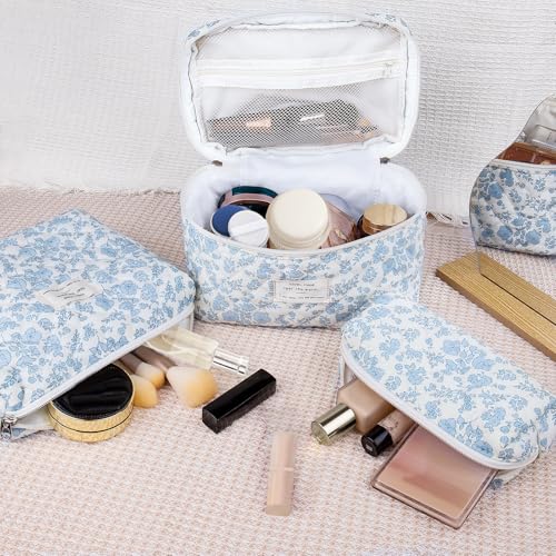 Gosect 3pc Makeup Bag Set, Quilted Makeup Bag Set, Large Floral Cosmetic Bag for Women, Cute Cotton Makeup Bags, Flower Travel Toiletry Organizer Bag (Pink Crushed flower) - color: Pink Crushed Flower
