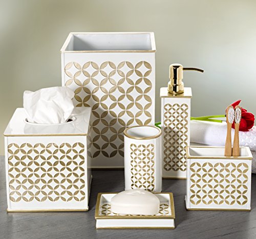 Creative Scents Diamond Lattice White & Gold 4 Piece Bathroom Accessories Set