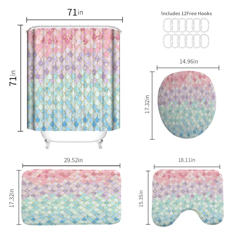 4Pcs Pink Mermaid Scales Shower Curtain Set with Rugs, Sparkly Iridescent Patterns, Underwater Ocean Bathroom Decor, Machine-Washable Fabric, with 12 Pcs Hooks，71 x 71in