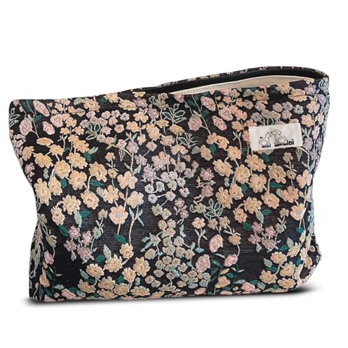 HAPPYHEIDI Women Aesthetic Makeup Bag With Compartment Accessory Zipper Pouch for Cosmetics Travel, Purse Organizer, Embroidery Lucky Flowers Black - color: 001 Black Teabreak Little Flowers Embroidery