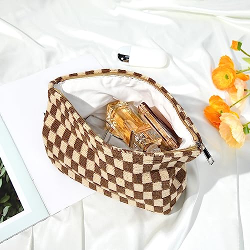 SOIDRAM 2 Pieces Makeup Bag Large Checkered Cosmetic Bag Capacity Canvas Travel Toiletry Bag Organizer Cute Makeup Brushes Aesthetic Accessories Storage Bag for Women, Brown checkered - color: Brown checkered