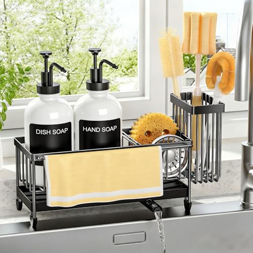 Kitchen Soap Dispenser Set with Sponge Holder and Towel Rack, 17OZ Glass Bottle, Hand and Dish Soap Dispenser Set, Non-Slip Silicone Pad, Brush Holder, Kitchen Sink Caddy Organizer Countertop (White) - color: White