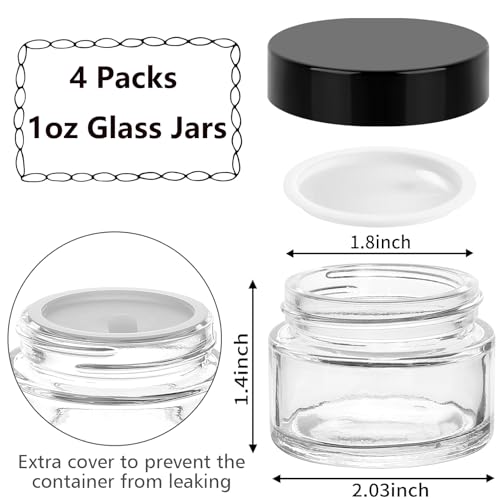 Accmor 1 OZ Glass Jars with Black Lids, 4 Pack Small Empty Cosmetic Containers Round Glass Travel Jars with Inner Liners & Spatulas, Makeup Sample Container for Storing Lotions, Cream, Ointments - color: Black, size: 1 Ounce